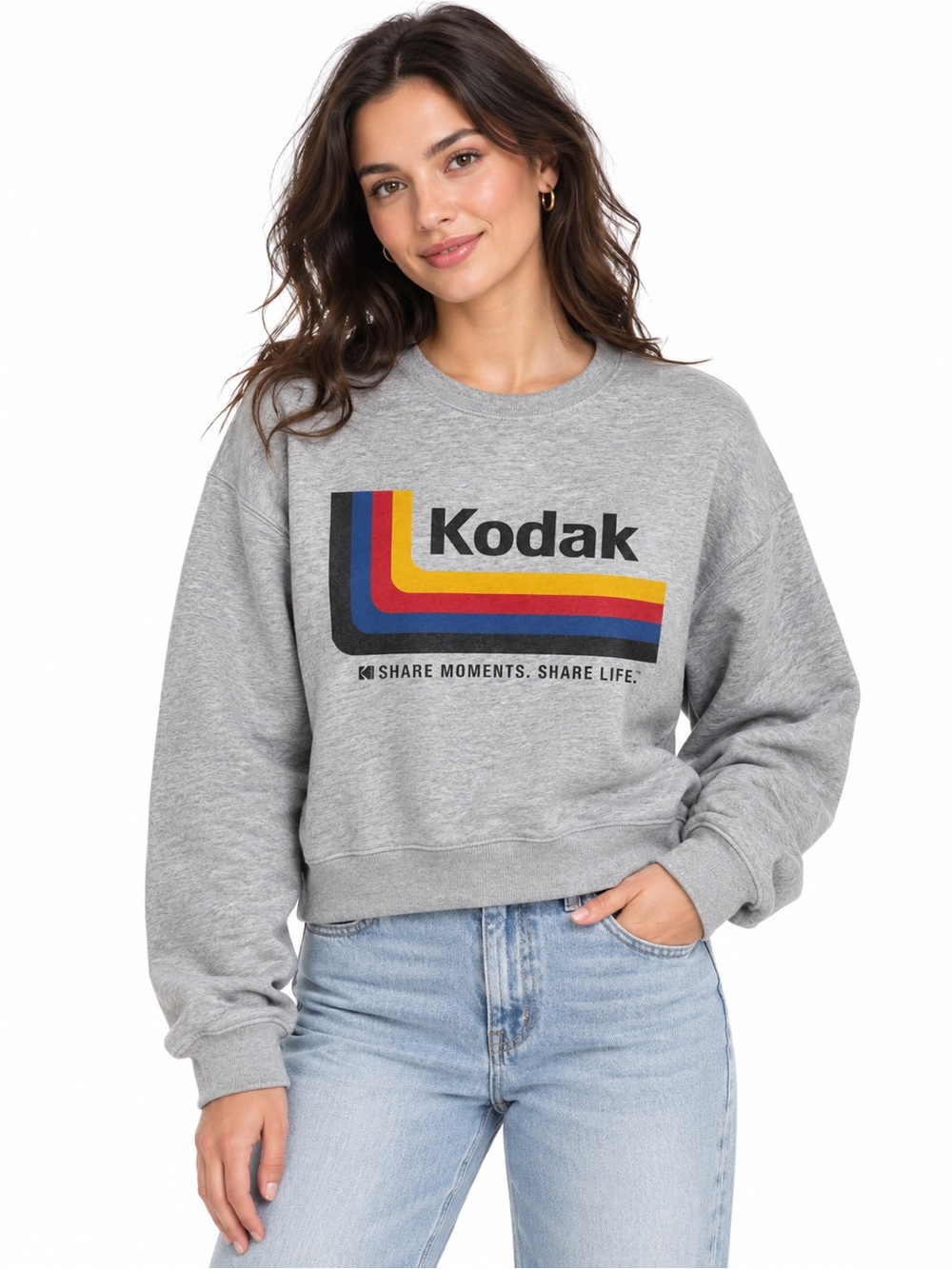 Kodak Gray Crew Sweatshirt with Retro Multicolor Logo - Women